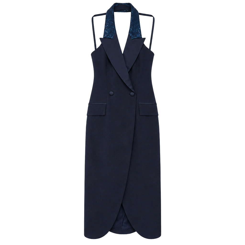 Niteline Bella Roufogali Tuxedo Halter Dress Navy Blue 1