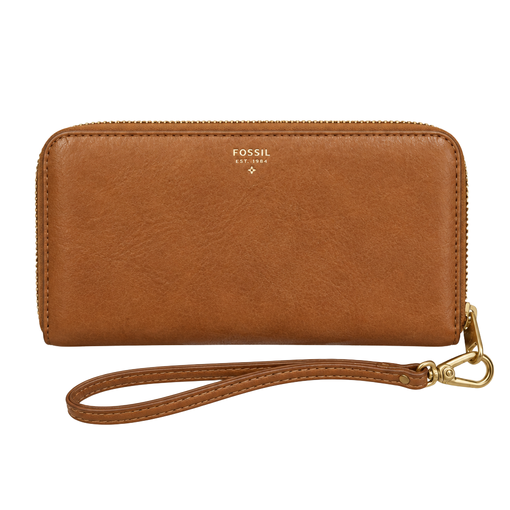 Fossil Brown Leather Zip Around Accordion Wallet Wristlet Clutch 1