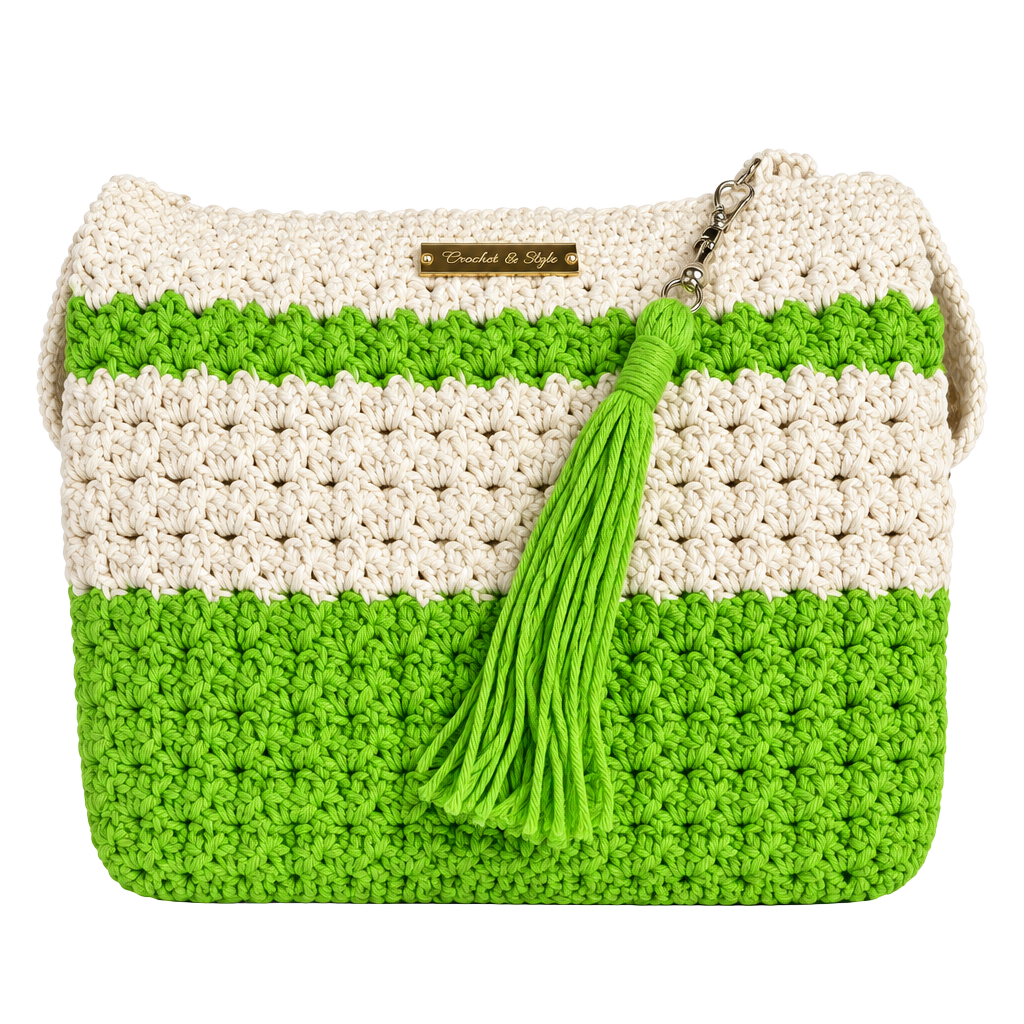 Handmade Crochet Shoulder Bag Green White Striped Handbag with Tassel 1