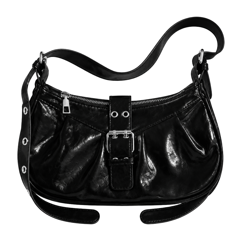 Y2K Black Patent Leather Shoulder Bag Buckle Crescent Hobo Purse 1