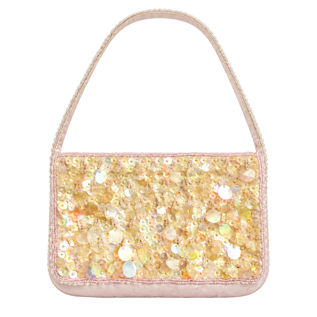 Beaded and Sequined Shoulder Bag Pink Satin 1