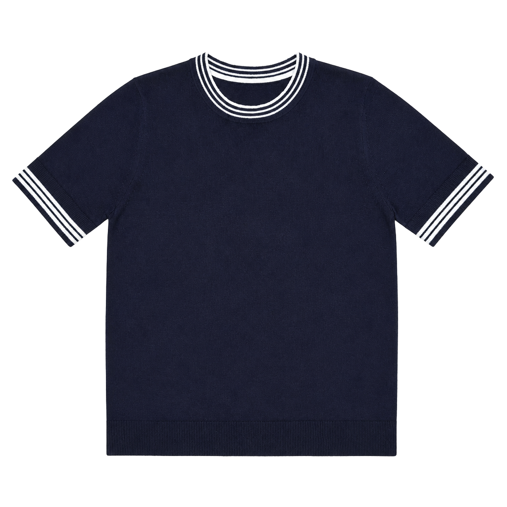 Free Assembly Preppy/sporty Navy Blue Striped Trim Short Sleeve Knit Sweater 1