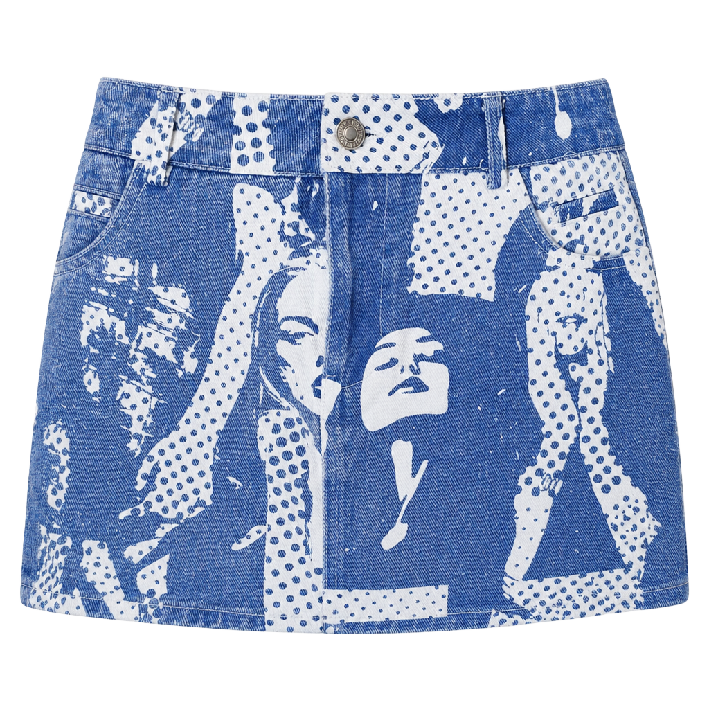 Edikted Blue Andy Face Graphic Print Denim Mini Skirt 1
