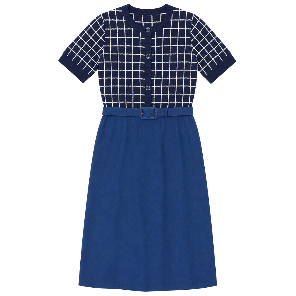 Vintage 1950s Dress Blue Windowpane Plaid Short Sleeve Set with Belt, size 6, Made in Hong Kong 1