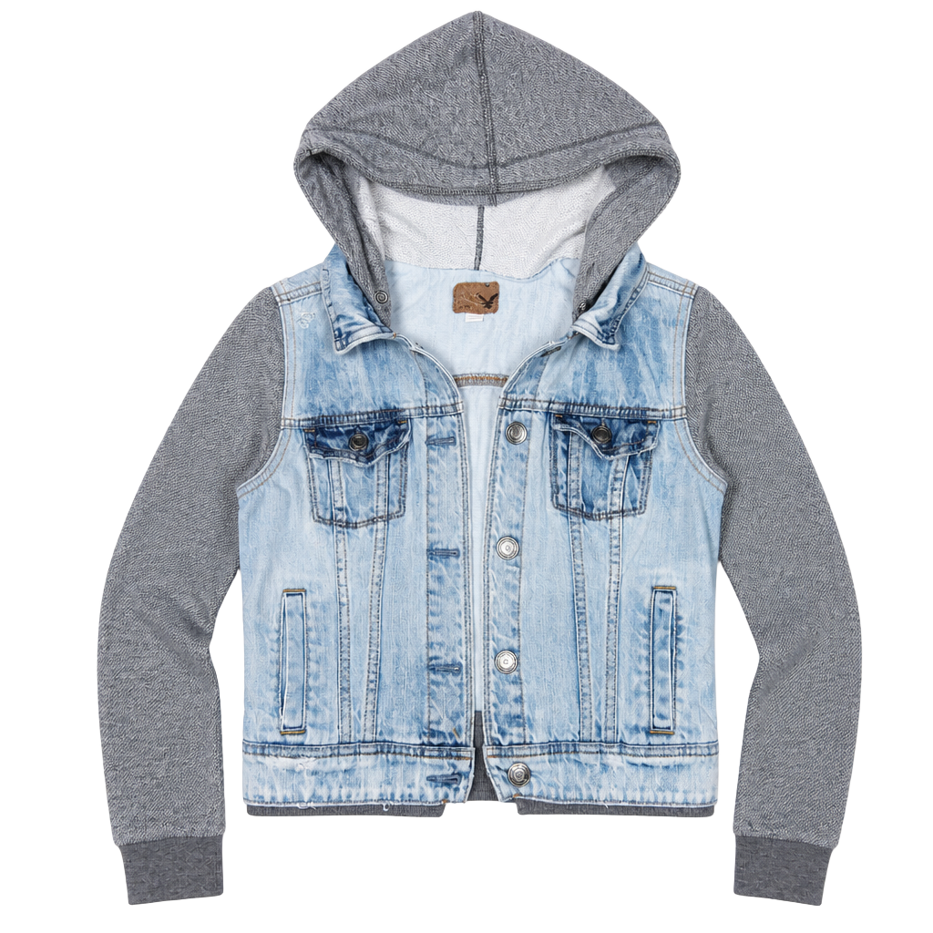 American Eagle Outfitters Distressed Denim Jacket with Hood and Knit Sleeves, size S 1