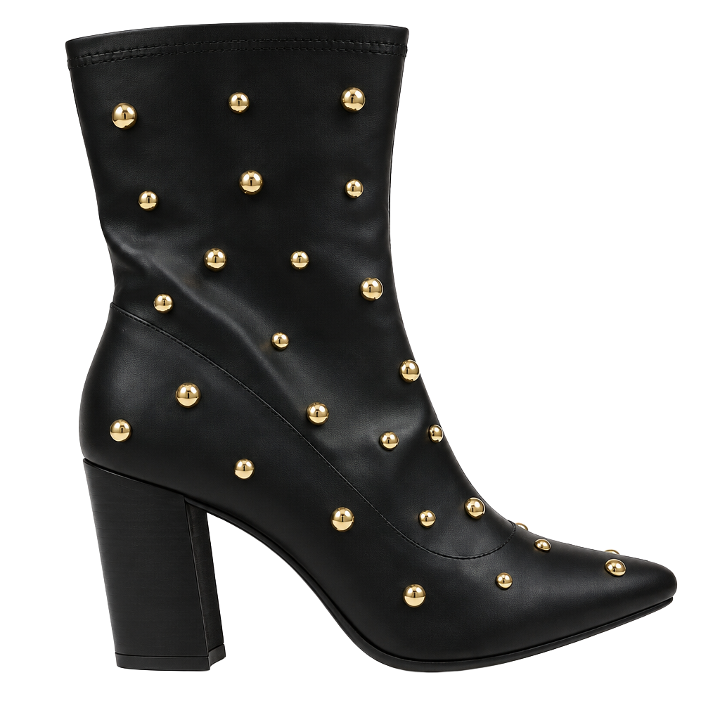 Women’s sz 7.5 new in box black gold studded zip up heeled boots I. N. C. 1