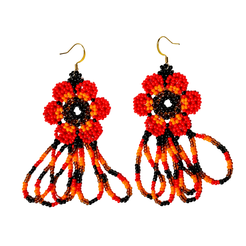 Handmade Beaded Red and Orange Floral Fringe Dangle Earrings 1