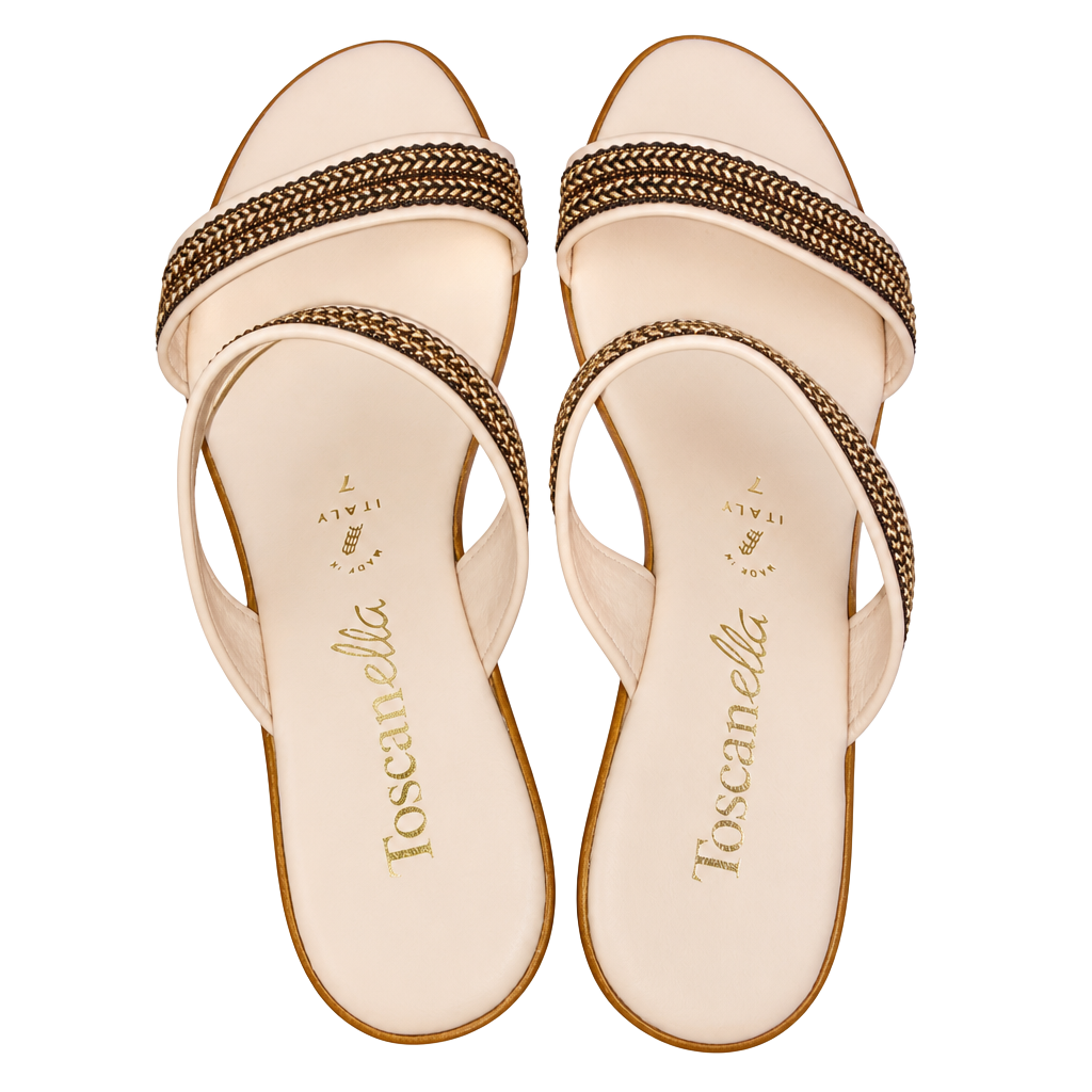 Toscanella Made in Italy Cream Double Strap Wedge Sandals with Braided Gold Accents - Size 7 1