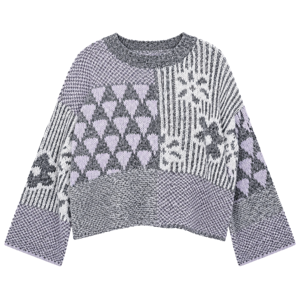 Sincerely Jules Patchwork Knit Sweater S, Oversized Crop Geometric Grey Lilac 1