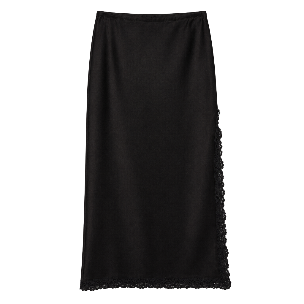 Dark Romantic Thick Satin Lace Trim Midi Slip Skirt Black Sz. S High Coquette 1