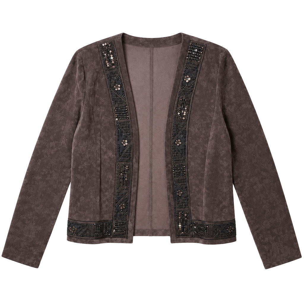 Chico's Suede Embellished Jacket Size 2 Brown Leather Beaded Open Front 1