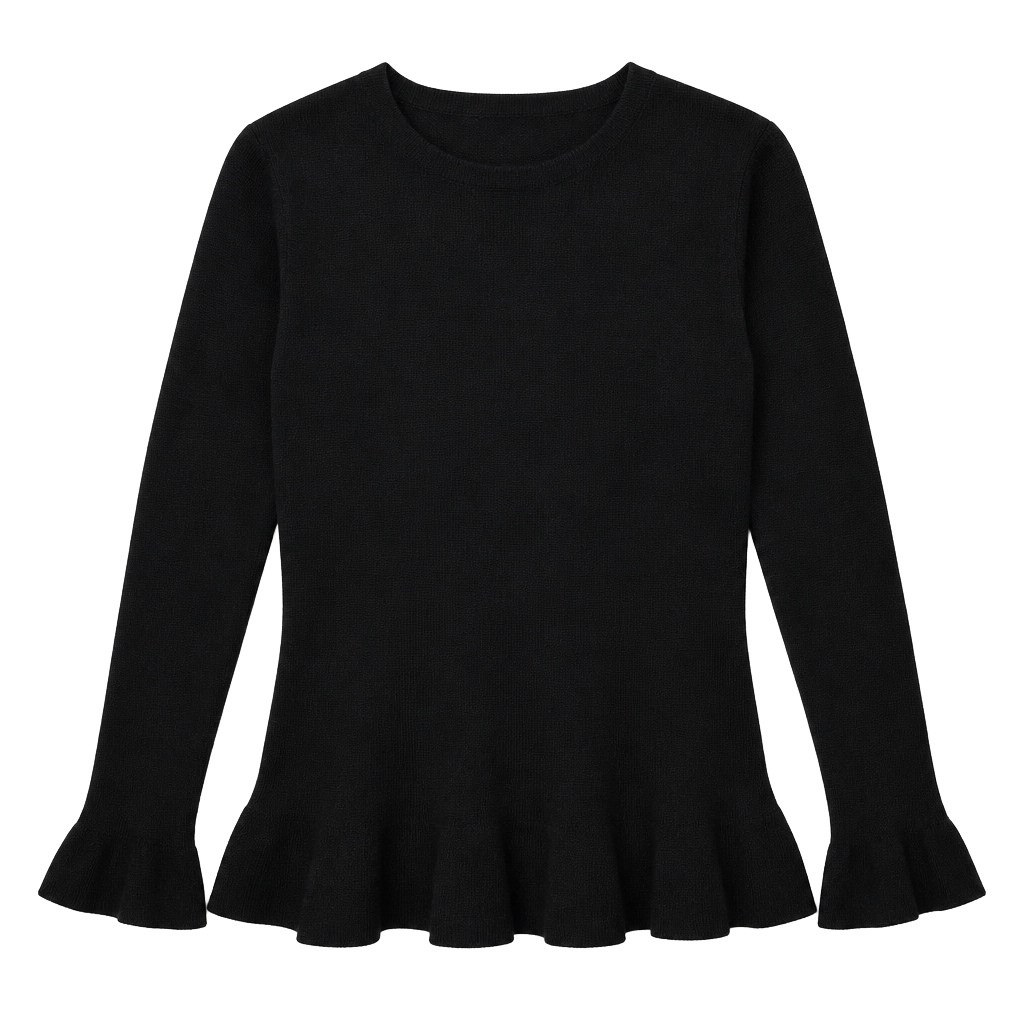 Lord & Taylor 100% Cashmere Ruffle Hem Cuffs Crewneck Sweater Black Petite Small 1