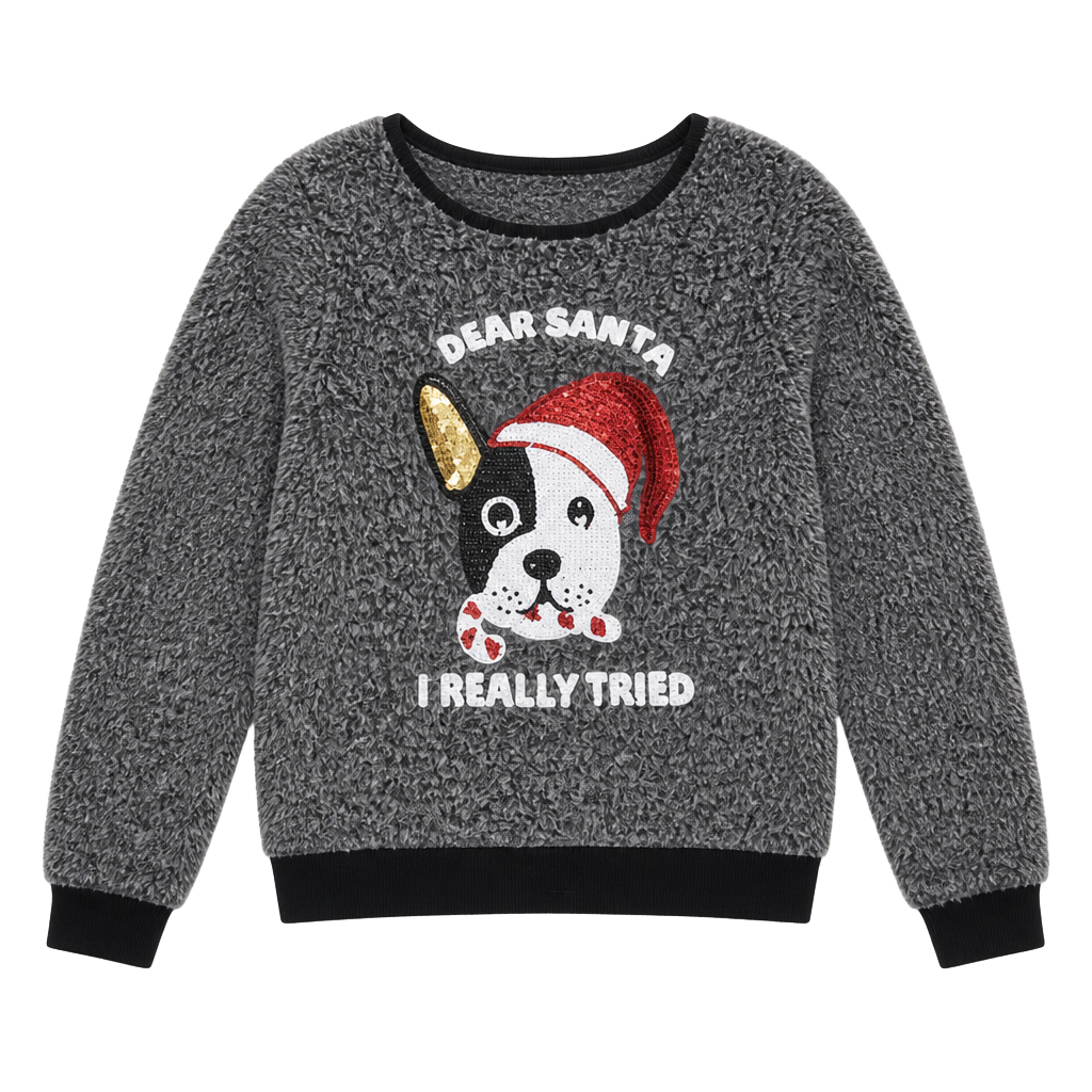 Dear Santa I Really Tried Sequin French Bulldog Sherpa Fuzzy Pullover XL 1
