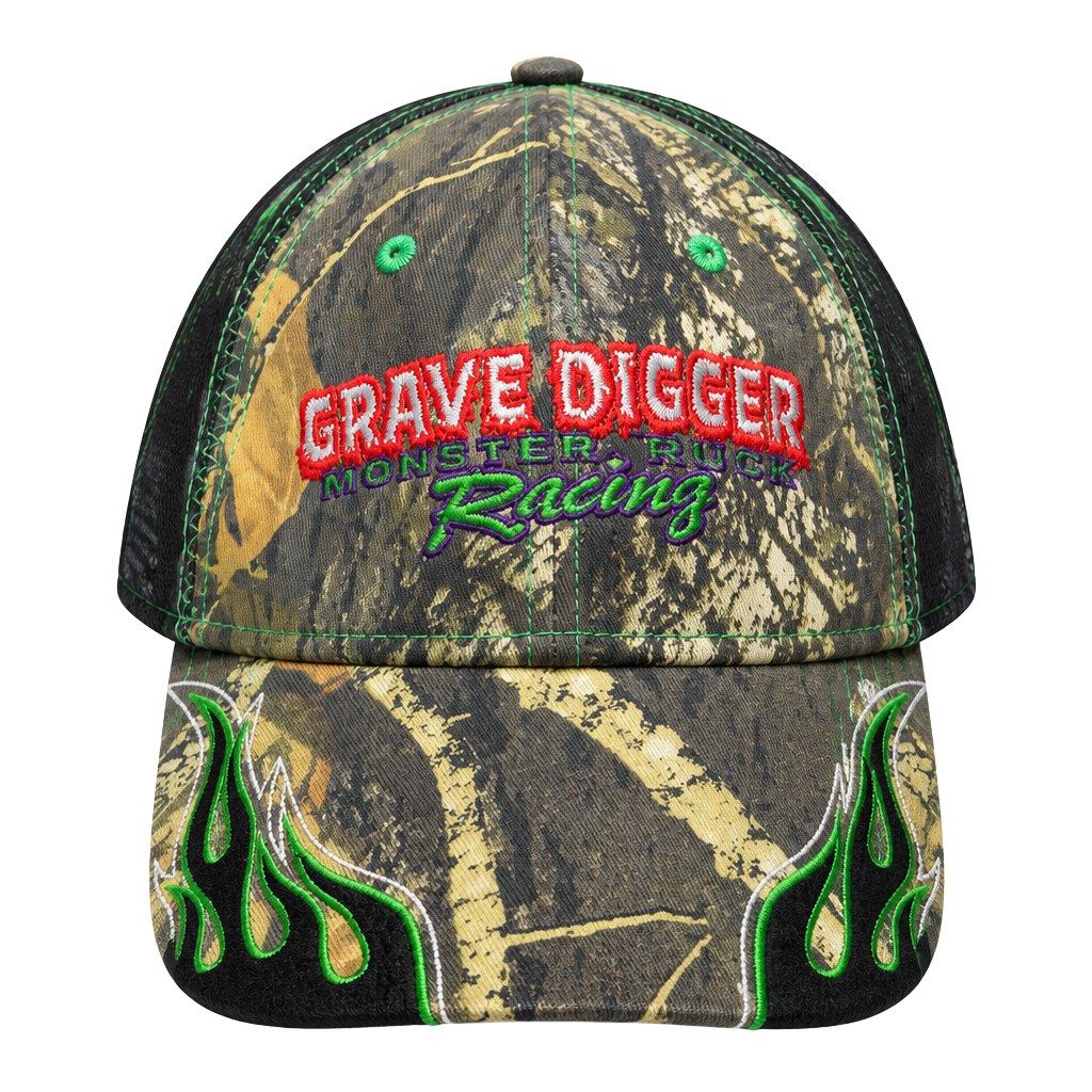 Monster Jam Grave Digger Racing Flames Camo Mesh Trucker Hat 1