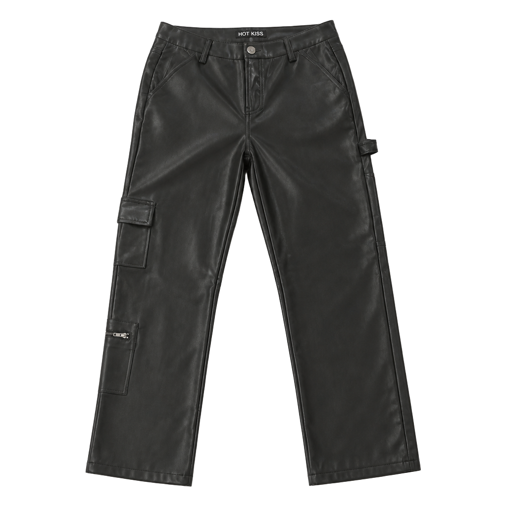 Hot Kiss Black Vegan Faux Leather Cargo Carpenter Pants 1