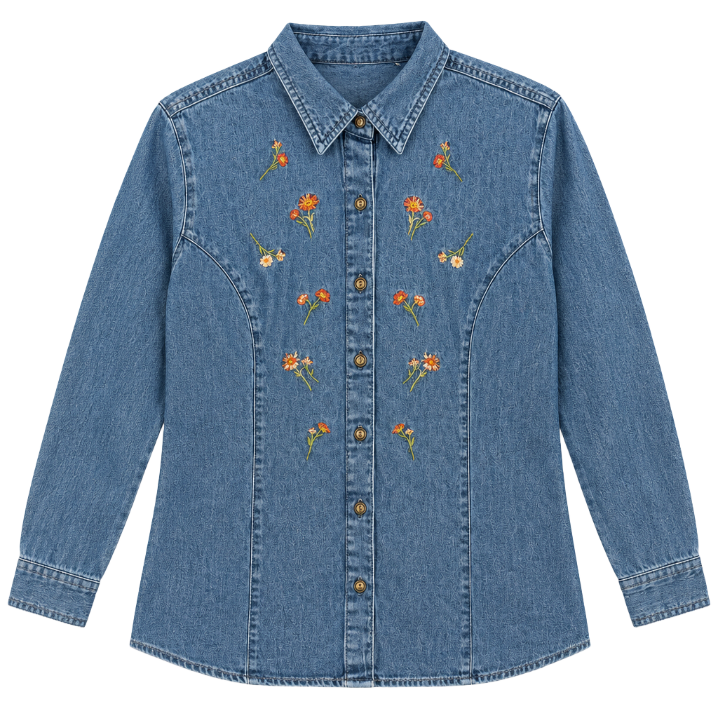 Vintage Floral Embroidered Chambray Denim Shirt 1