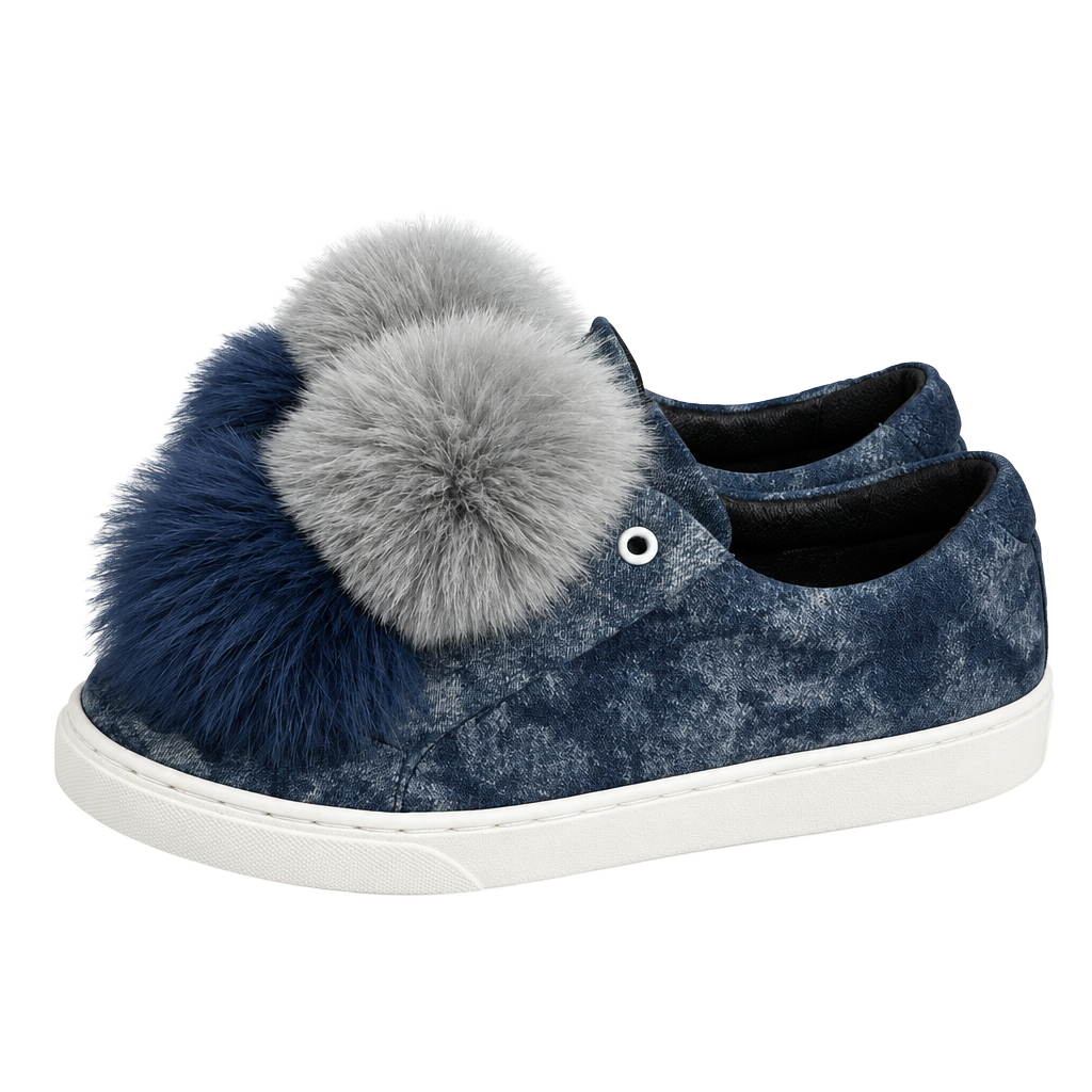 Here / Now Fur Pom Pom Sneakers Size 37.5 Blue Denim Leather Slip On Shoes 1