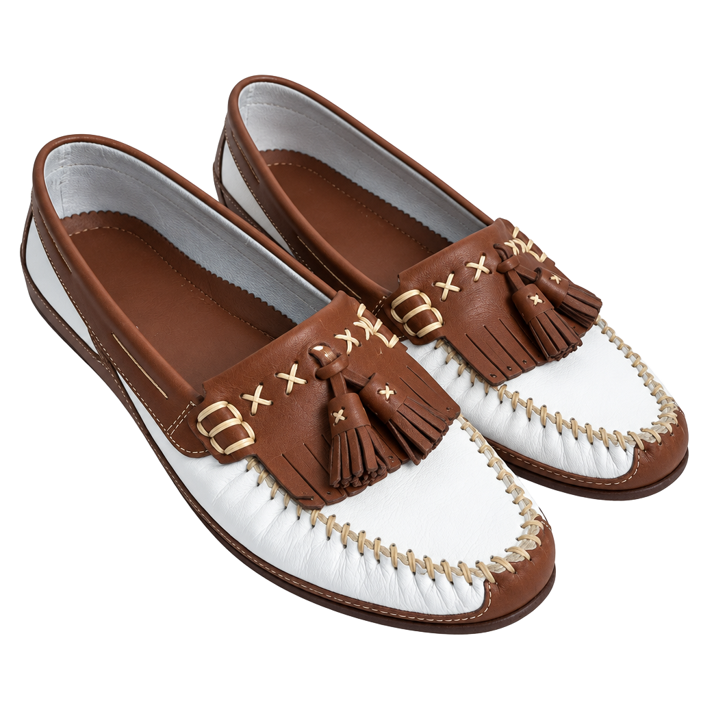 Cole Haan Country Loafers Brown White Leather Tassel Kiltie Moc Toe Shoes US 9.5 1