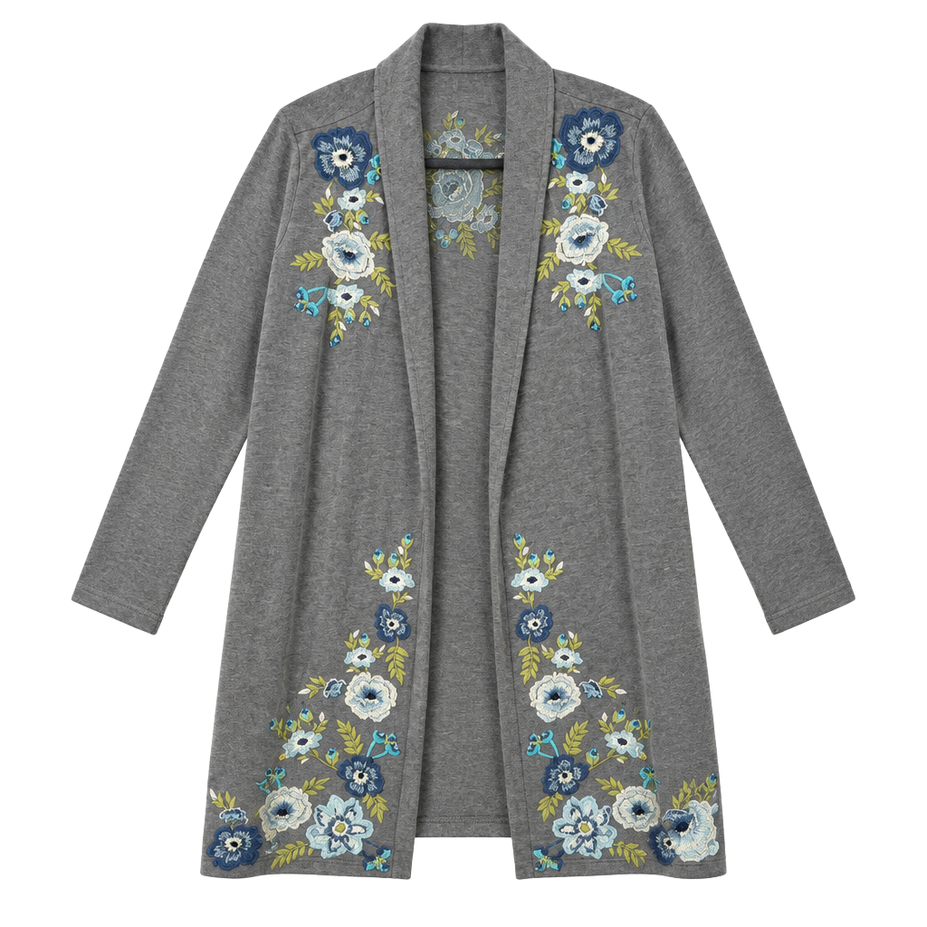 J.Jill Floral Embroidered Cardigan Size XS Gray Open Front Sweater 1