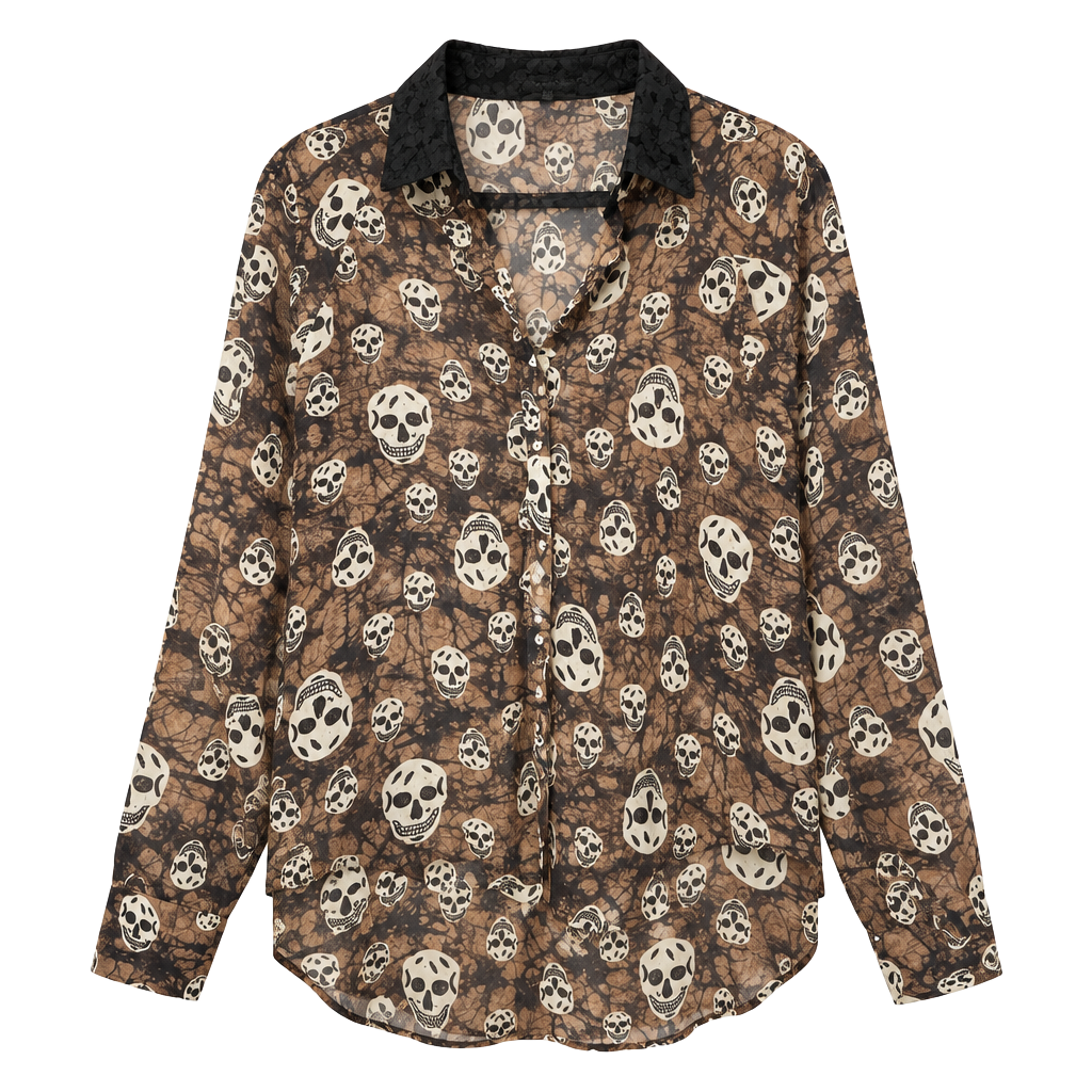Love Culture Skull Print Long Sleeve Blouse Size S Brown Black Studded Button 1