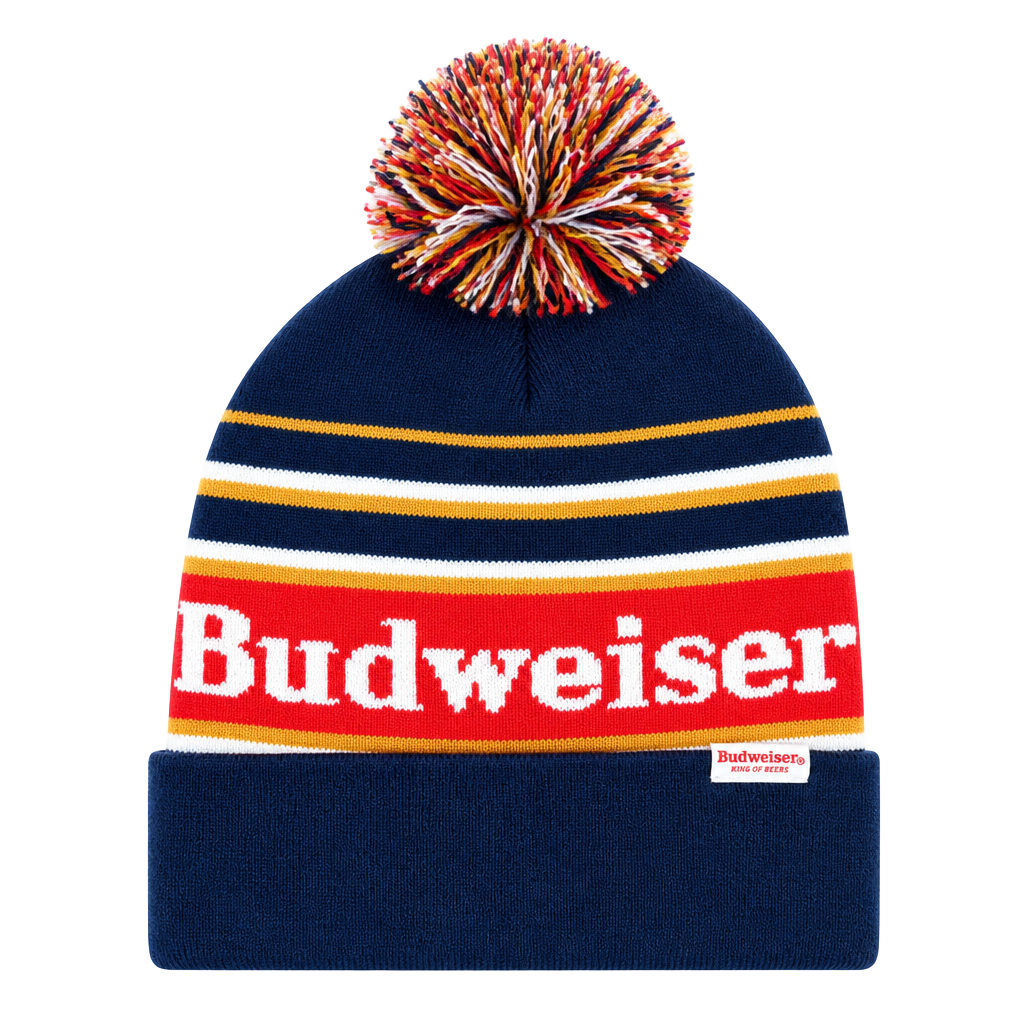 Budweiser Navy Blue and Red Striped Pom Pom Knit Beanie Hat 1