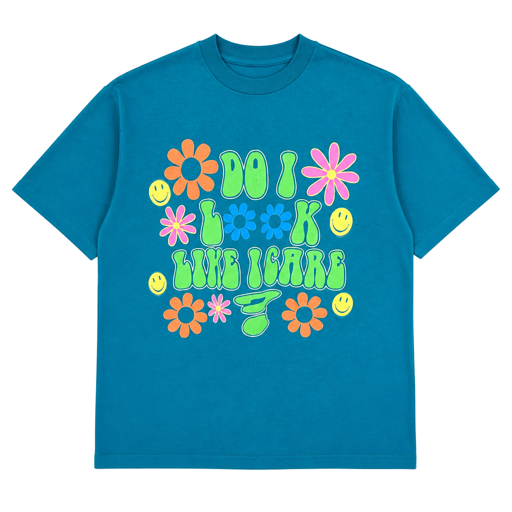 Vintage 90s Do I Look Like I Care Groovy Graphic Single Stitch T-Shirt Teal 1