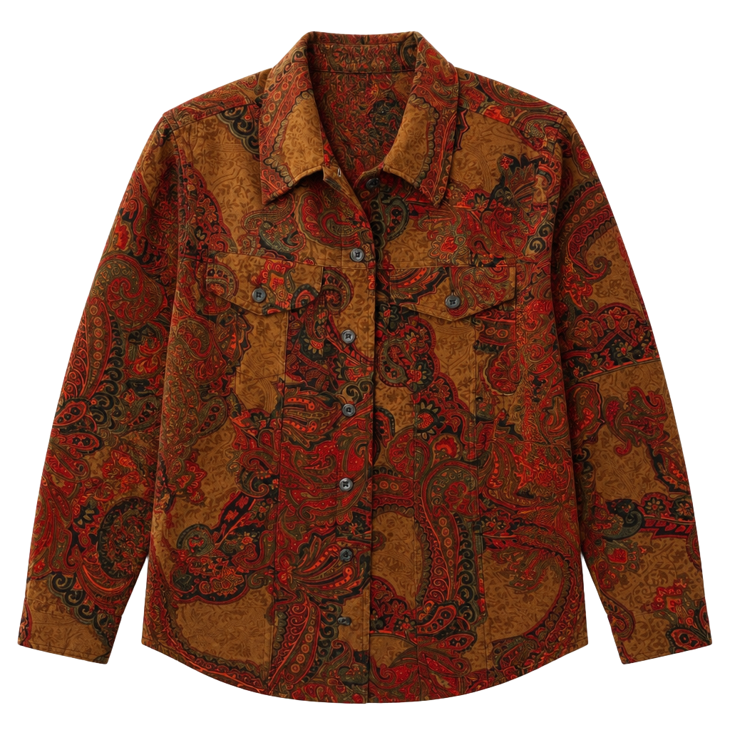 Vintage Islander Paisley Print Stretch Top, Plus Size 1X, Earth Tones Hippy Boho Blouse 1