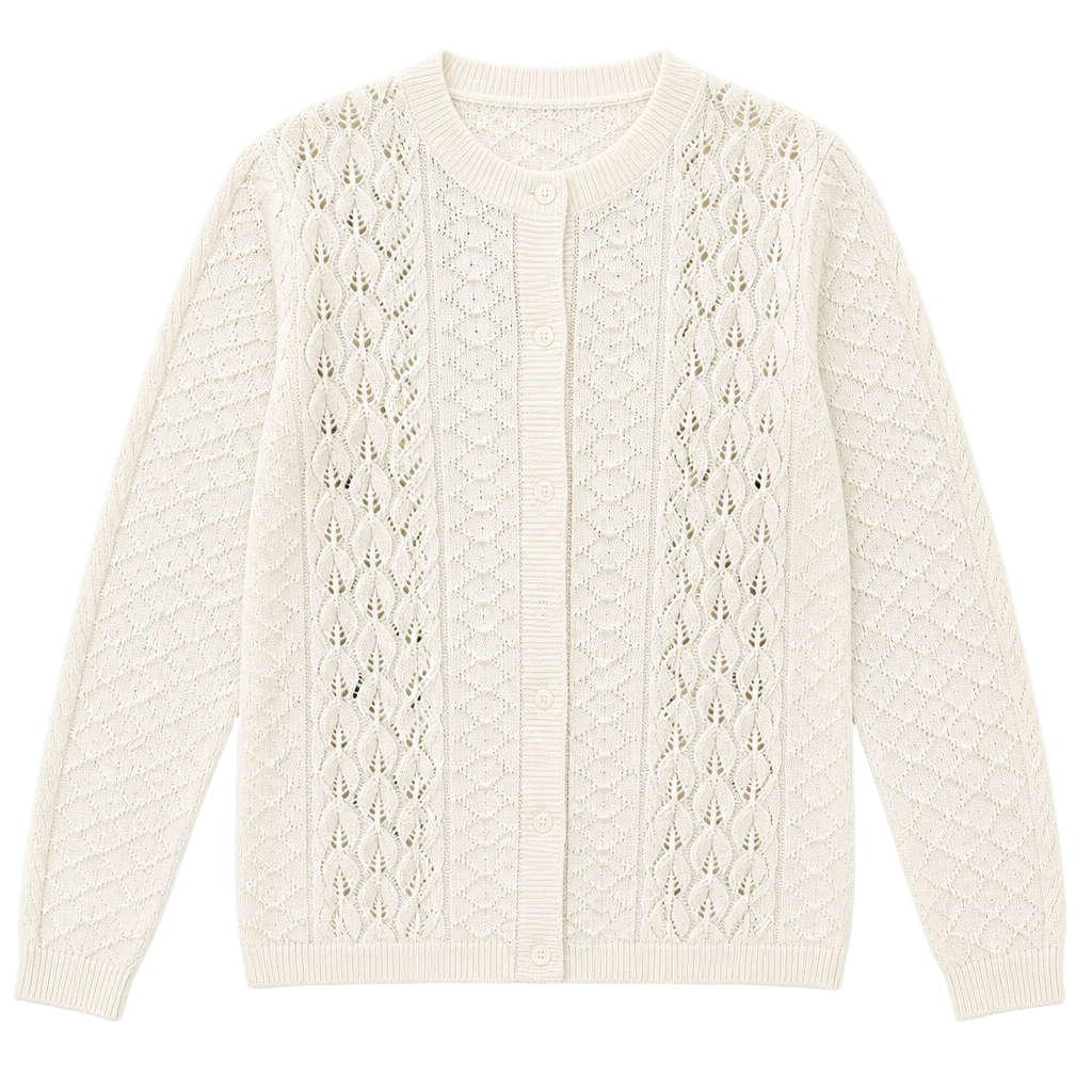 Vintage Brunny White Pointelle Knit Button-Up Cardigan Sweater Made in USA 46 1