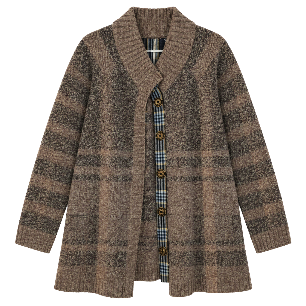 Marisa Christina Cardigan Sweater Brown Striped Plaid Placket Shawl Collar 1