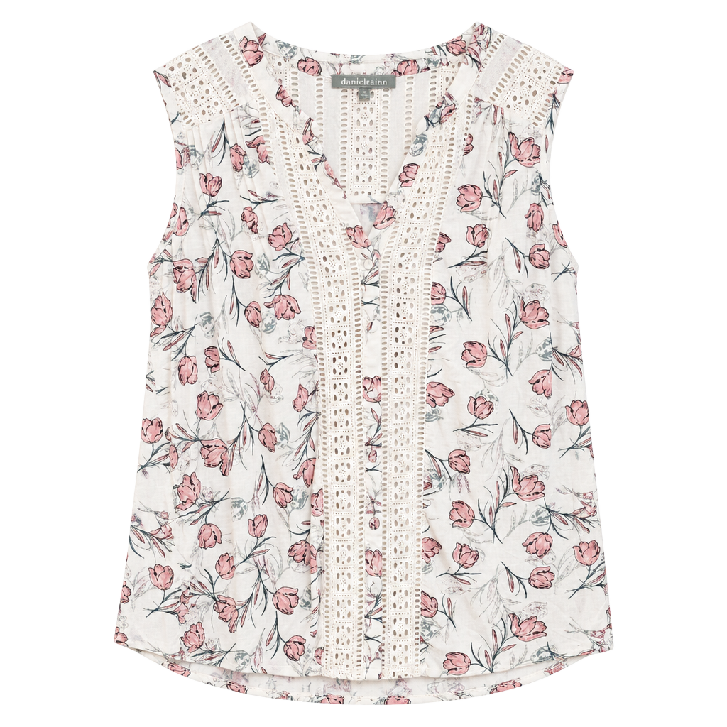 Daniel Rainn Floral Lace Trim V-Neck Tank Top Size M White Pink 1
