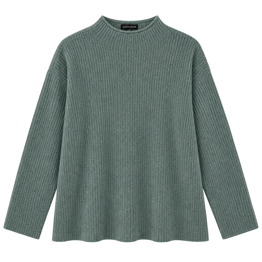 Eileen Fisher Mock Neck Ribbed Knit Sweater Green 1