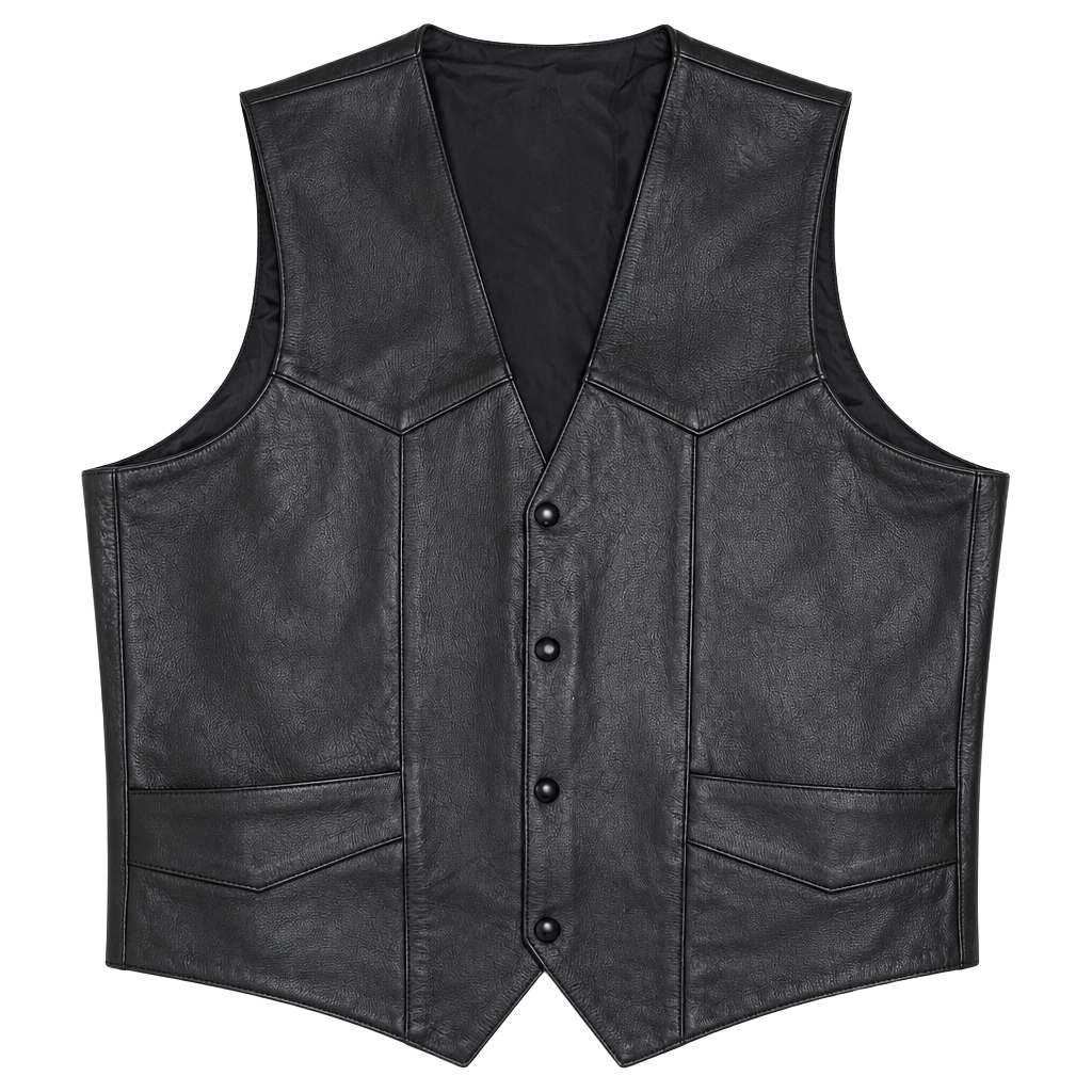 Men’s Genuine Leather Vest Size 48 Black Motorcycle Biker Western Snap Front 1
