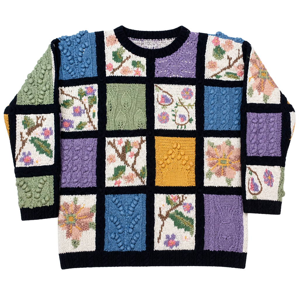 Vintage Jennifer Reed Hand Knit Patchwork Floral Sweater Women L Ramie Cotton 90s 1