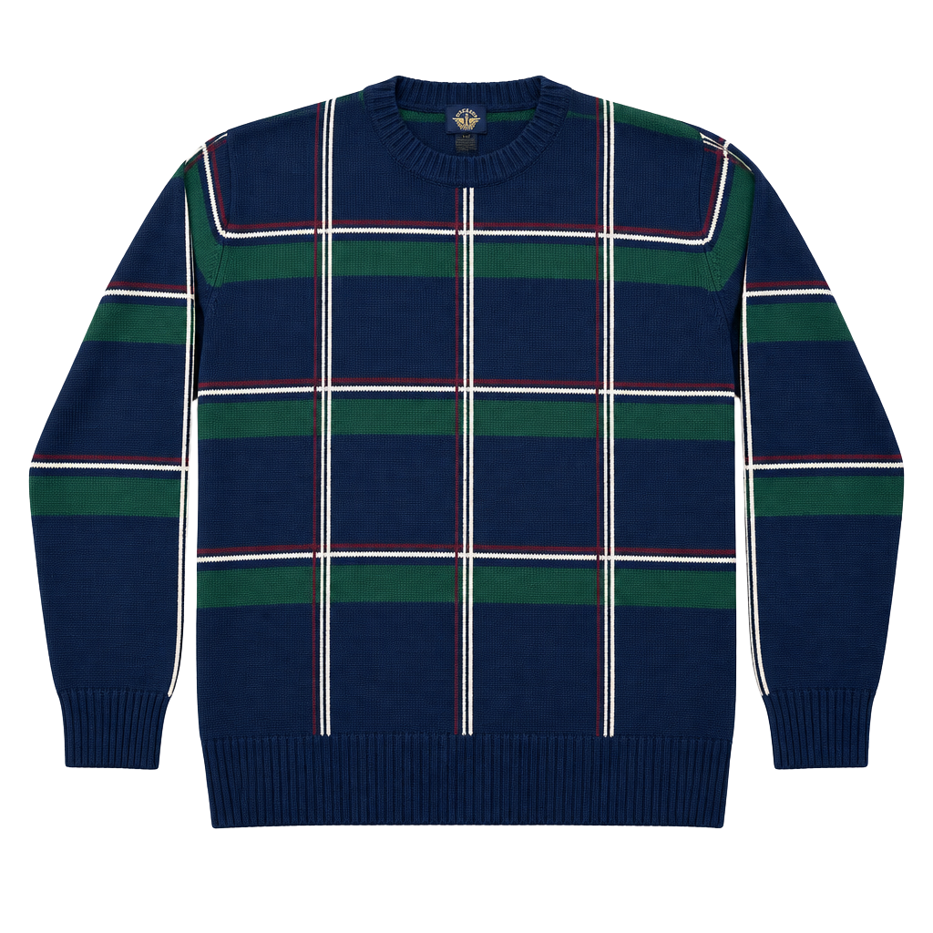 90s Vintage Dockers Windowpane Plaid Cotton Sweater Size L Navy Green Crewneck 1