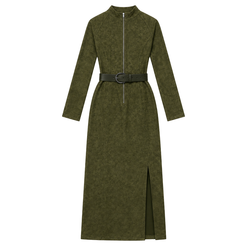 SHEIN Olive Suede Maxi Dress Mock Neck Full Zip Belted Split Long Sleeve 1