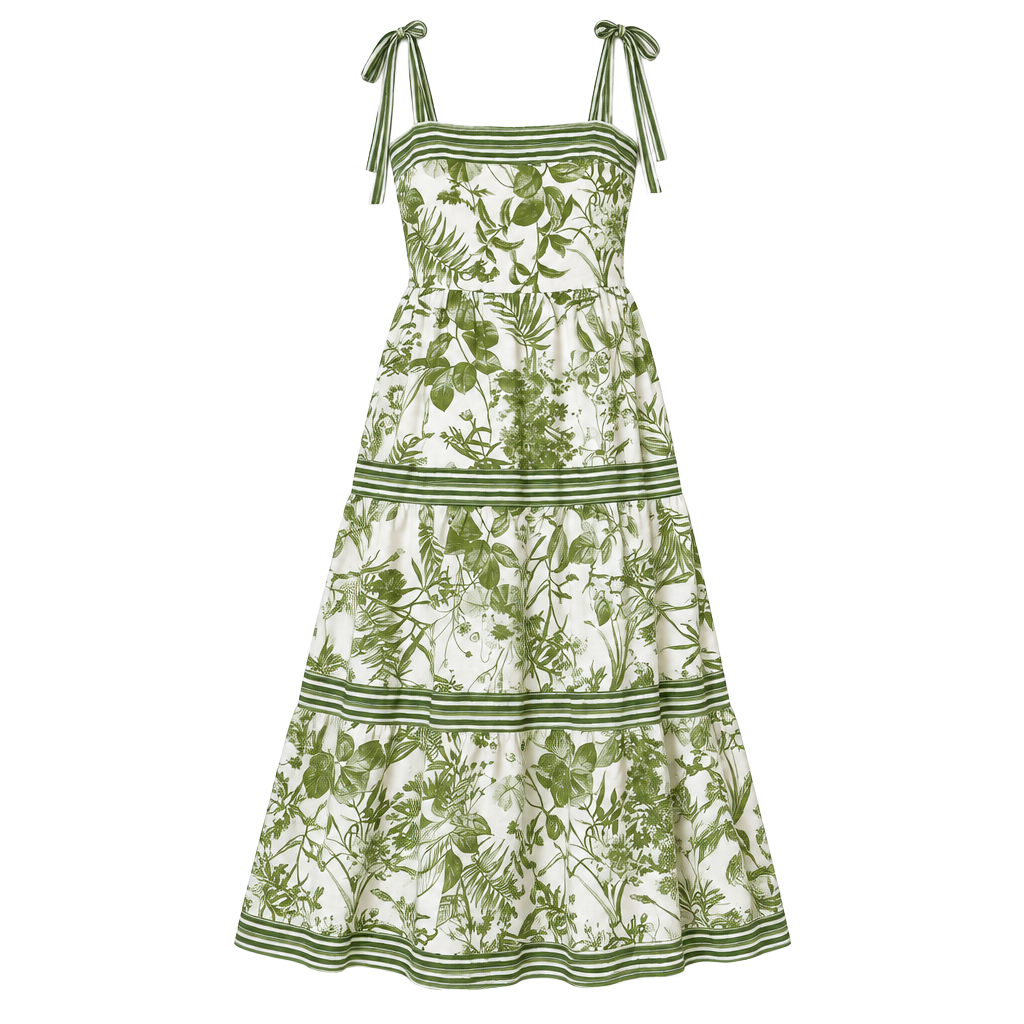 Sweet Wanderer Floral Print Tiered Midi Dress Size M Green White 1