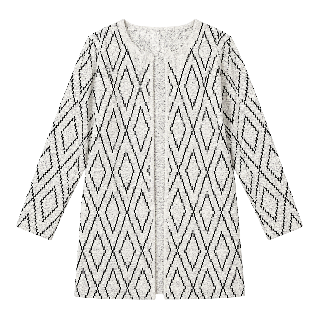Oliver by Escio Cardigan Size L Black Ivory Diamond Open Front Knit 1