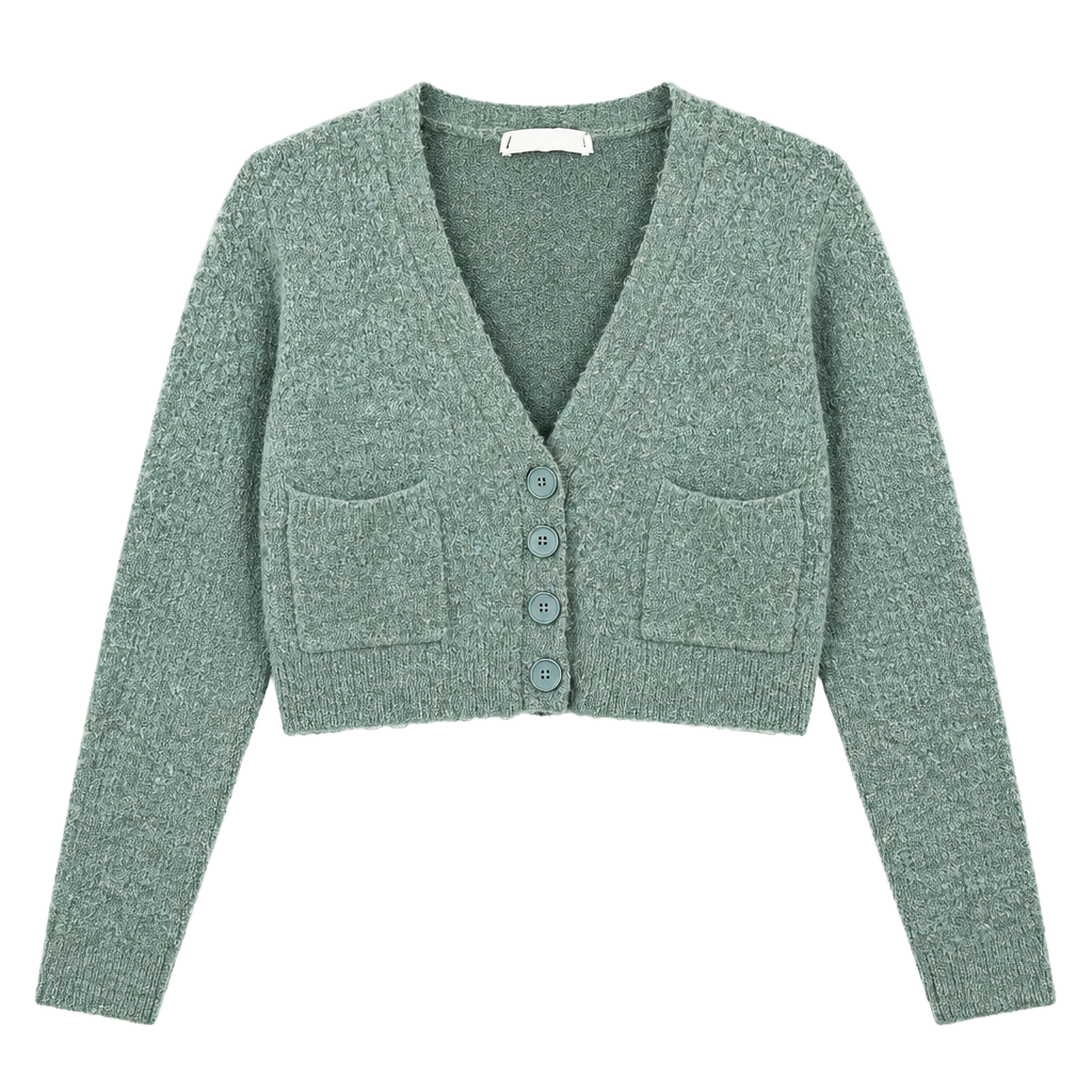 Zara Cardigan Size S Green Knit V-Neck Cropped Pocket 1