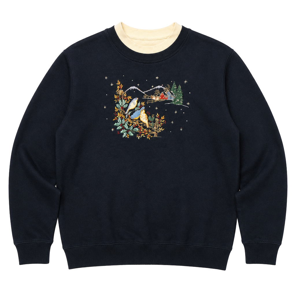 Bobbie Brooks Winter Scene Birds Sweatshirt Navy Blue 1
