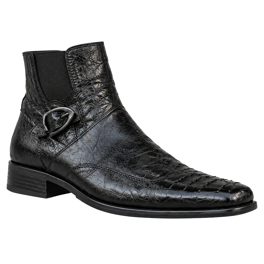 ALDO Men’s Black Leather Ankle Boots EU 44 Buckle Zip Square Toe Moto 1