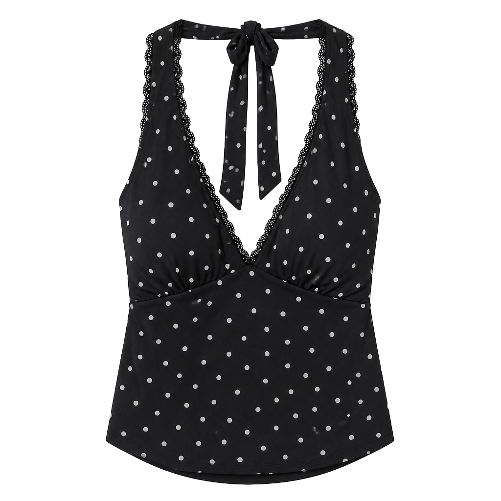 Pink Rose Black and White Polka Dot Halter Top with Lace Trim and Removable Bra Cups 1