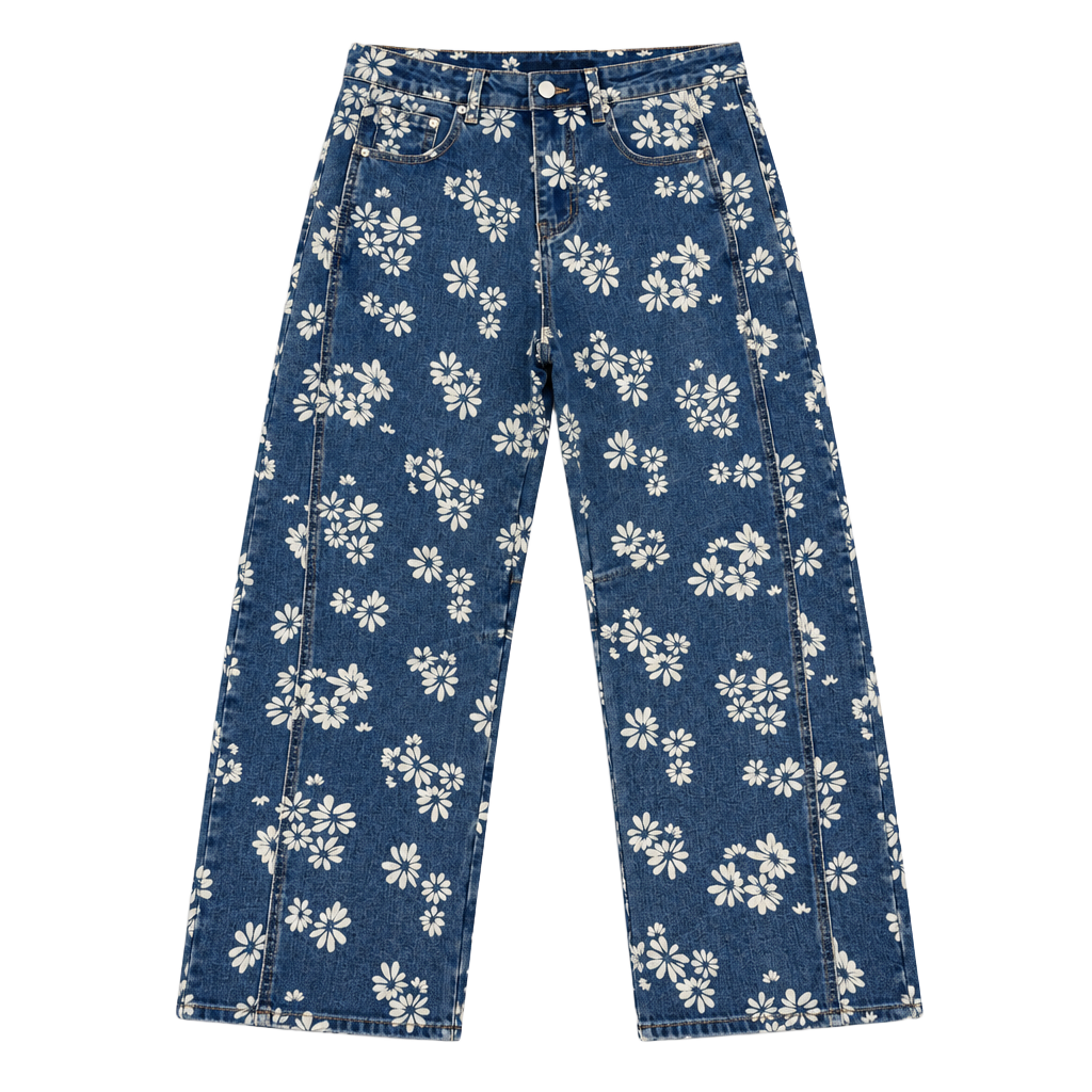 Flamingals Floral Print Barrel Leg Denim Jeans Size L Blue White 1