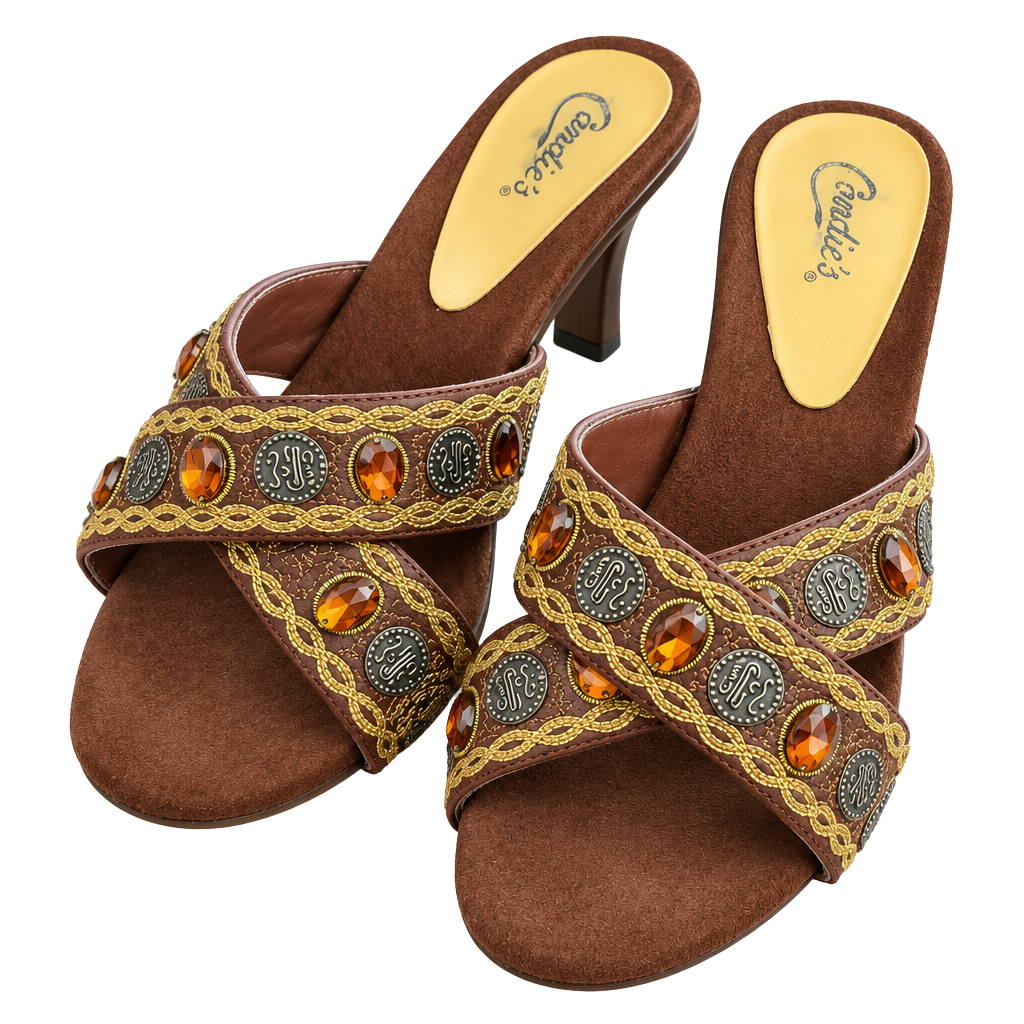 Vintage Candie's Brown Embroidered Jewel Sexy Heels Mules Size 8B 1
