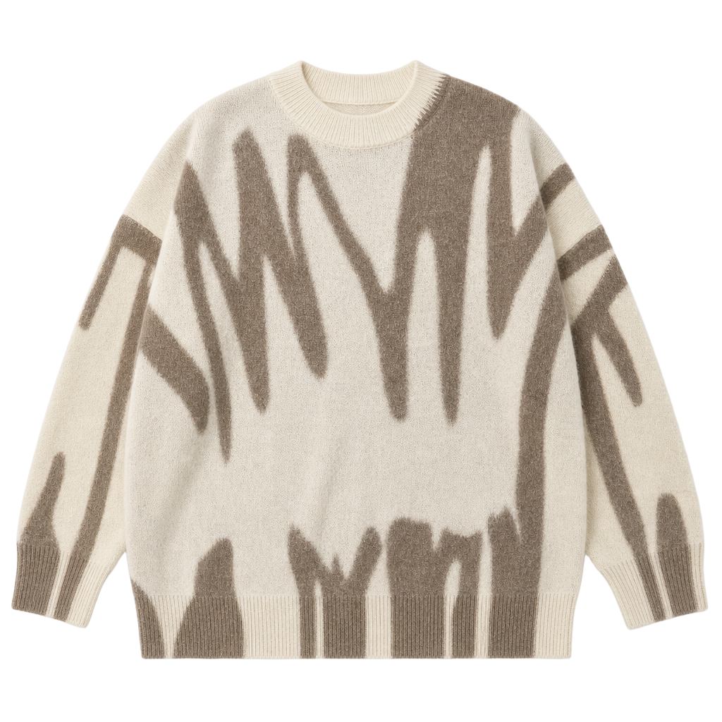 Scribble Print Drop Shoulder Fuzzy Knit Sweater in Ivory and Mocha 1