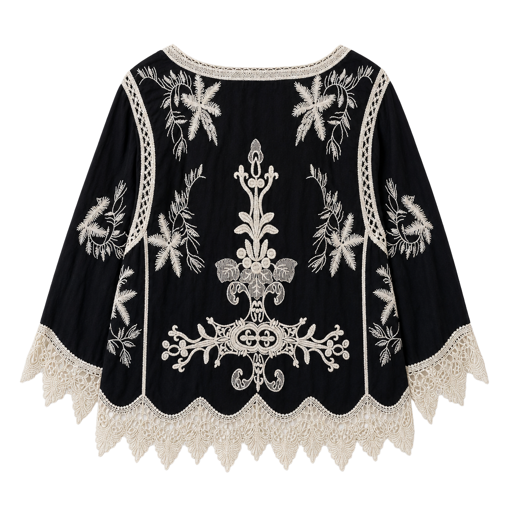 Beulah Style Black and Ivory Embroidered Boho Top with Crochet Hem 1