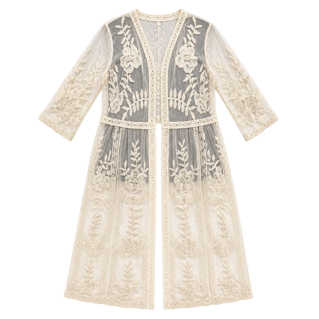 Rachel Zoe Cream Embroidered Lace Mesh Longline Kimono Cover-up 1