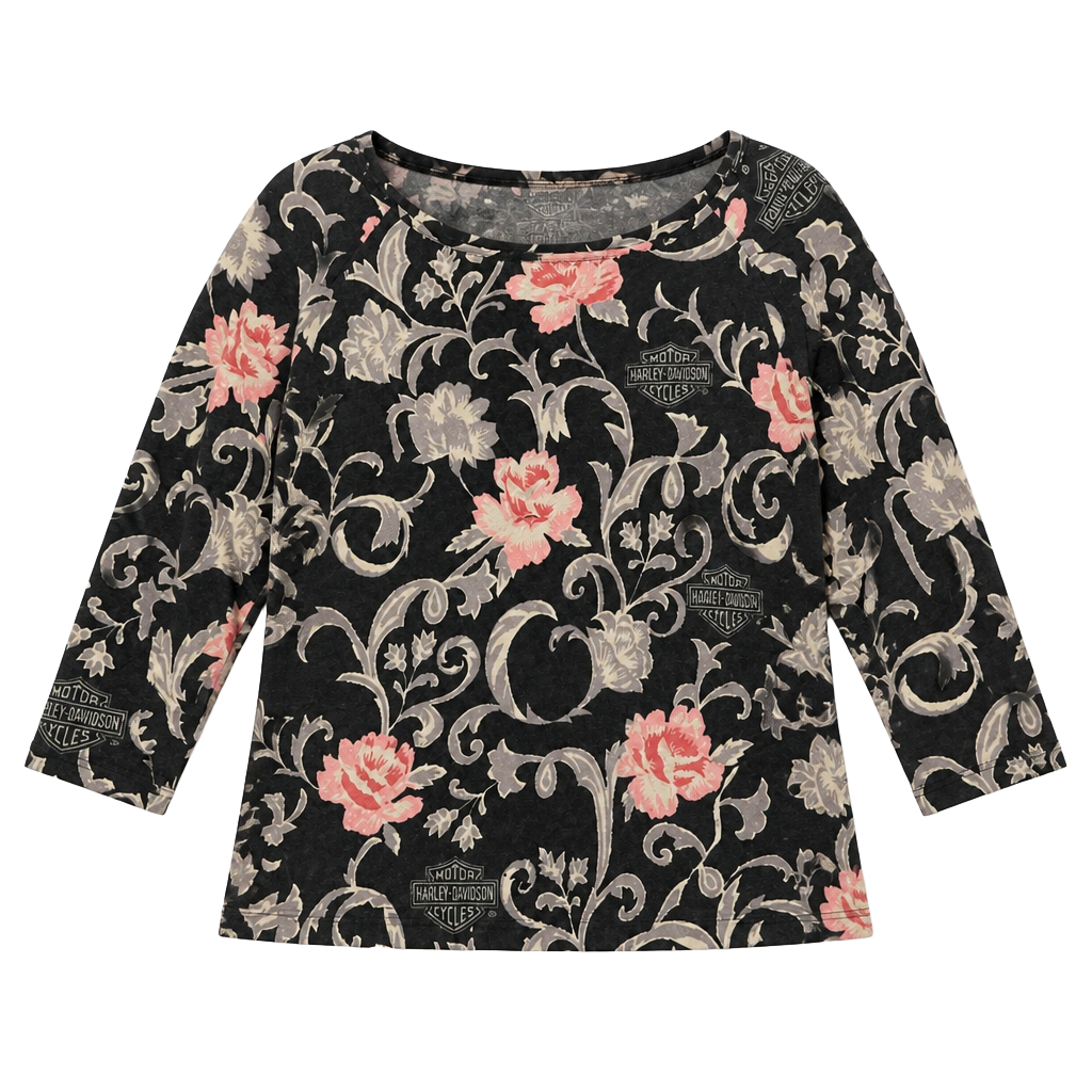 Harley-Davidson Tori Richard Floral 3/4 Sleeve Boatneck Silk Blend Top, XL 1