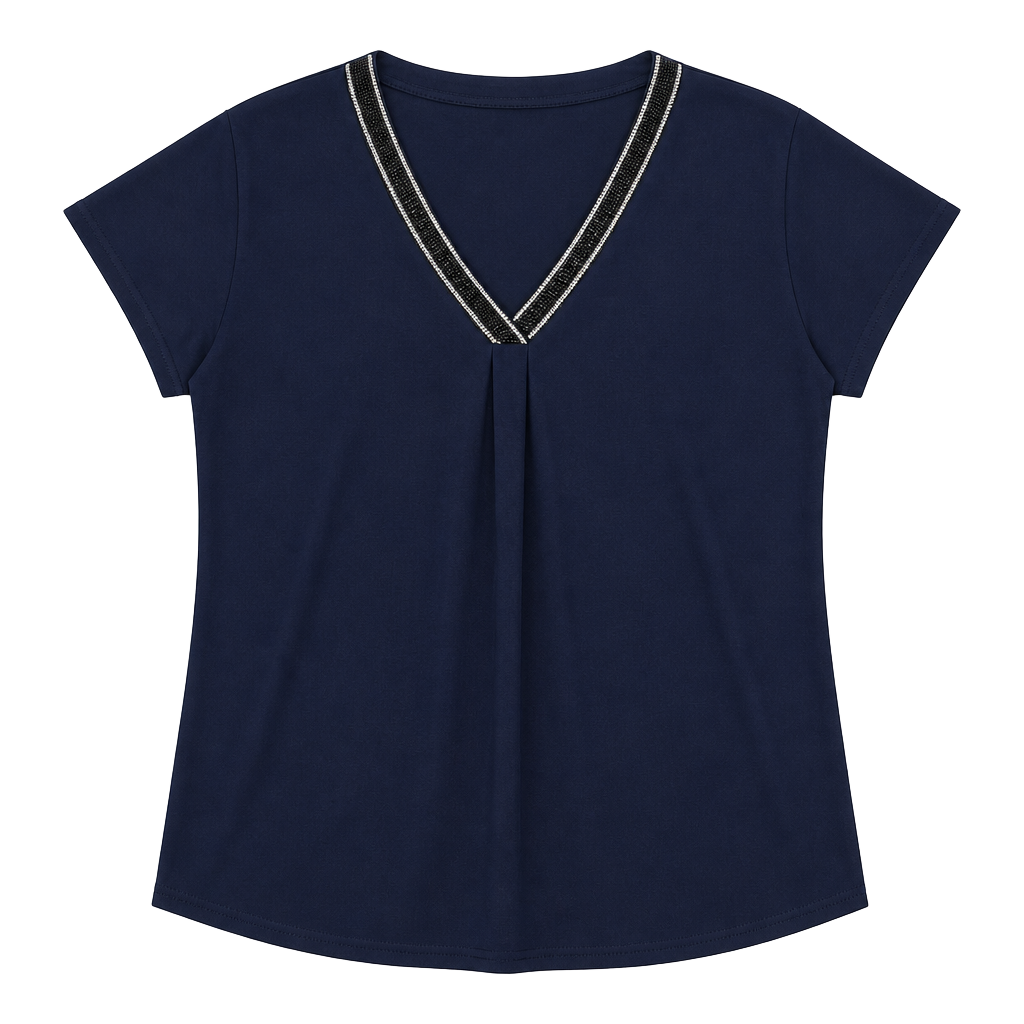 Flower & Feather Navy Blue V-Neck Short Sleeve Blouse with Rhinestone Trim XL
1