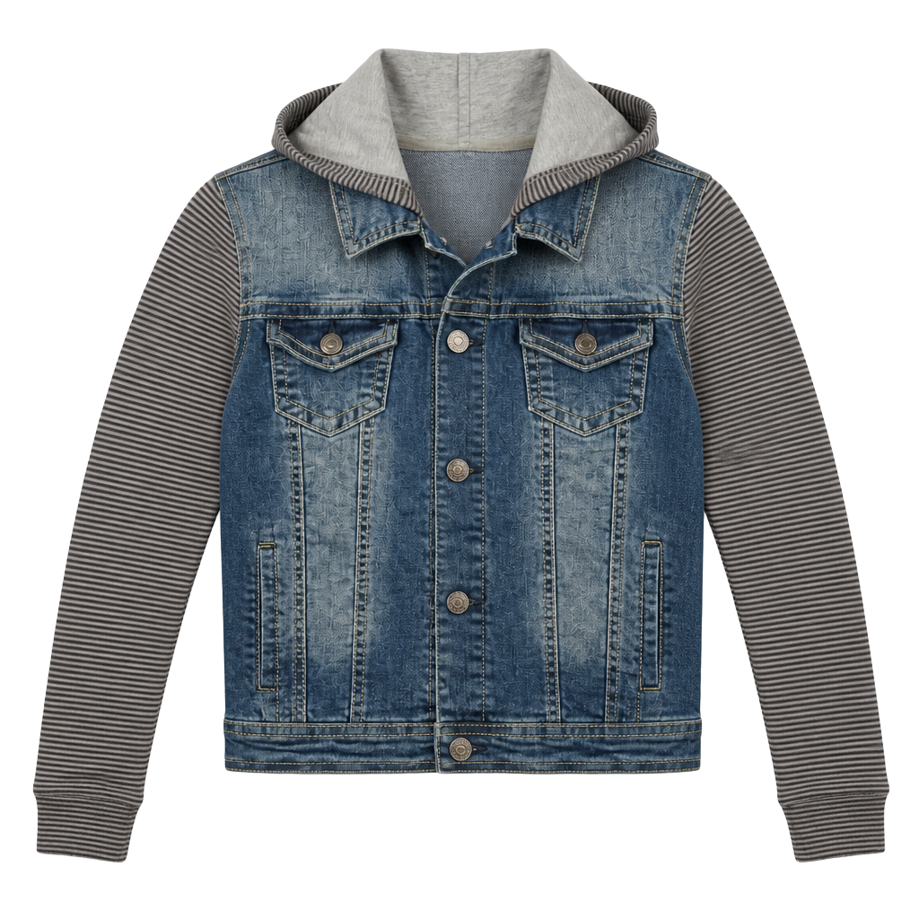 WallFlower Denim Jacket with Striped Knit Sleeves and Hood XS 1