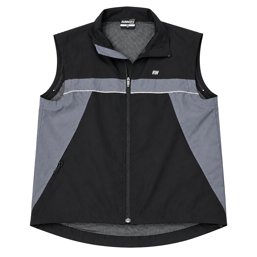 Runner's World RW Men's Medium Full Zip Running Vest Windbreaker Black Gray 1
